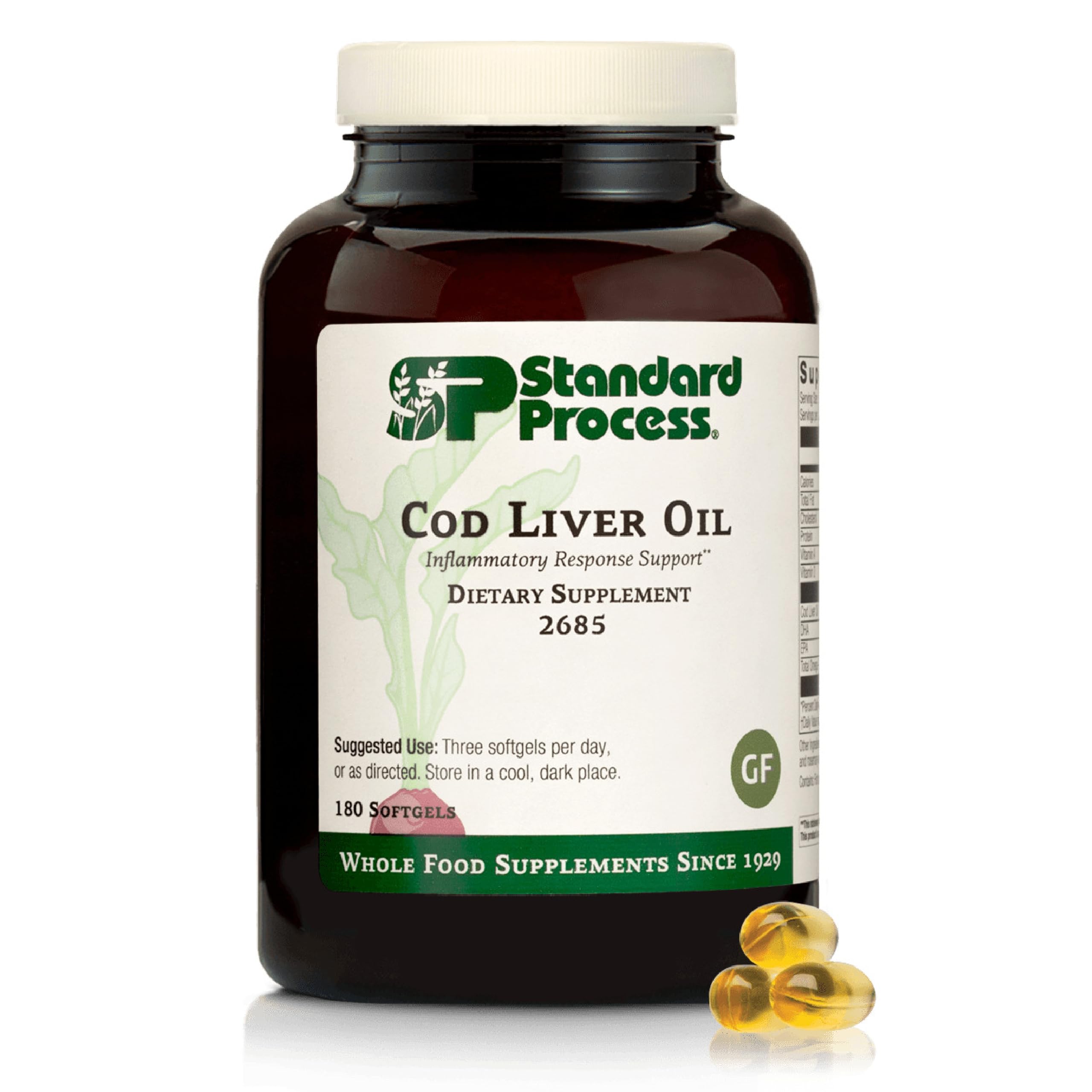 Standard Process Cod Liver Oil bottle highlighting omega-3 benefits for skin and eyes