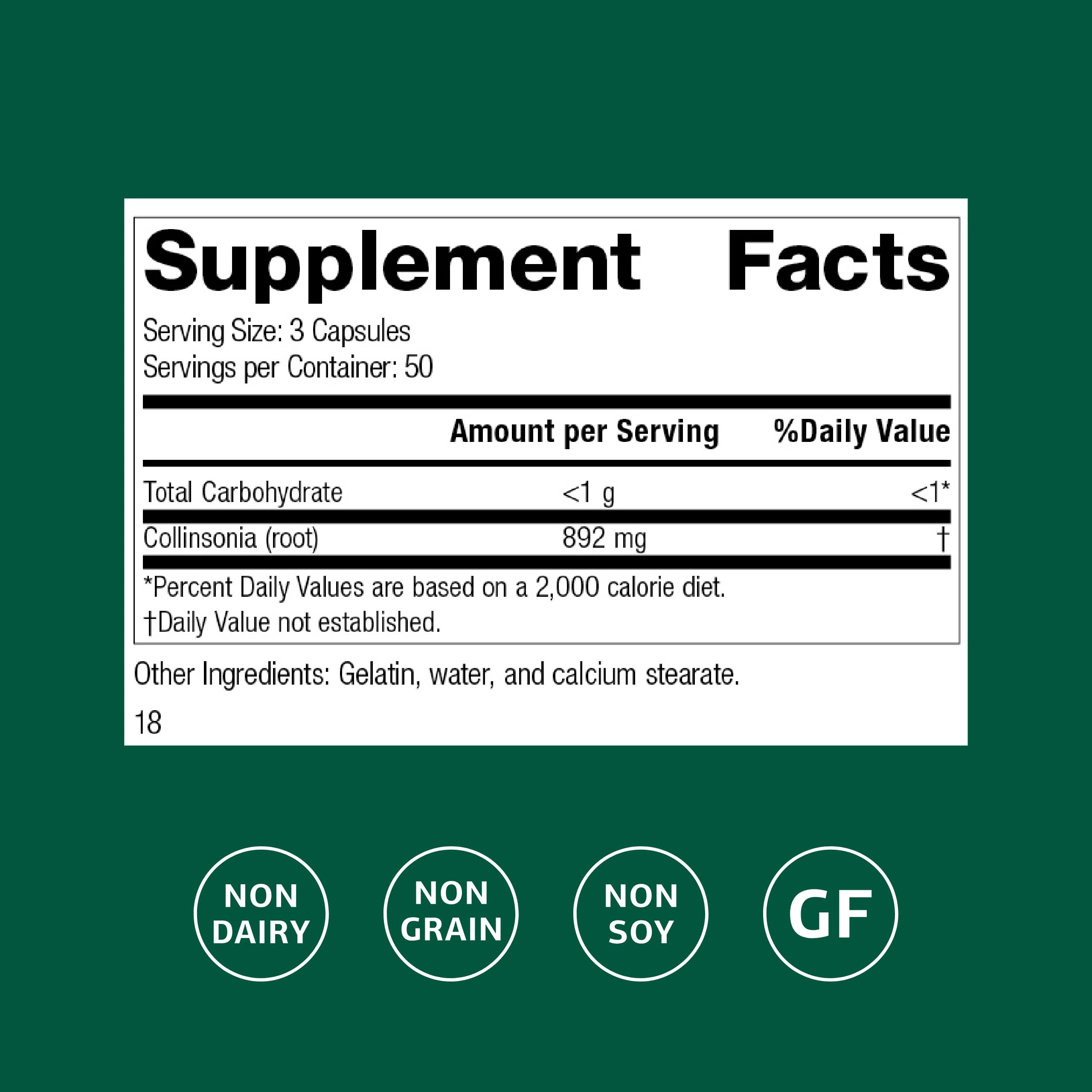 Standard Process Collinsonia Root capsules closeup indicating digestive support