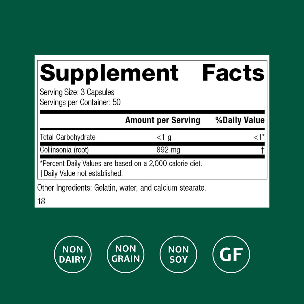 Standard Process Collinsonia Root capsules closeup indicating digestive support