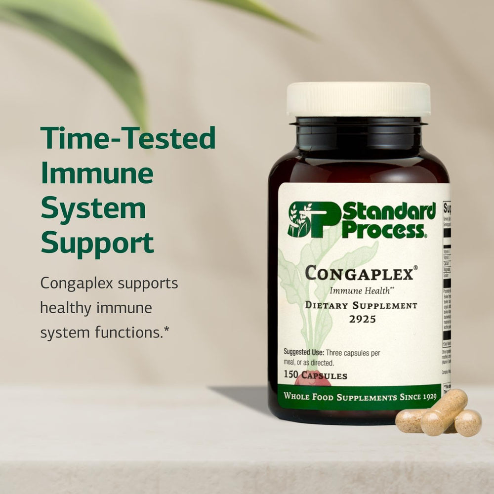Congaplex capsules close-up emphasizing immune support ingredients.