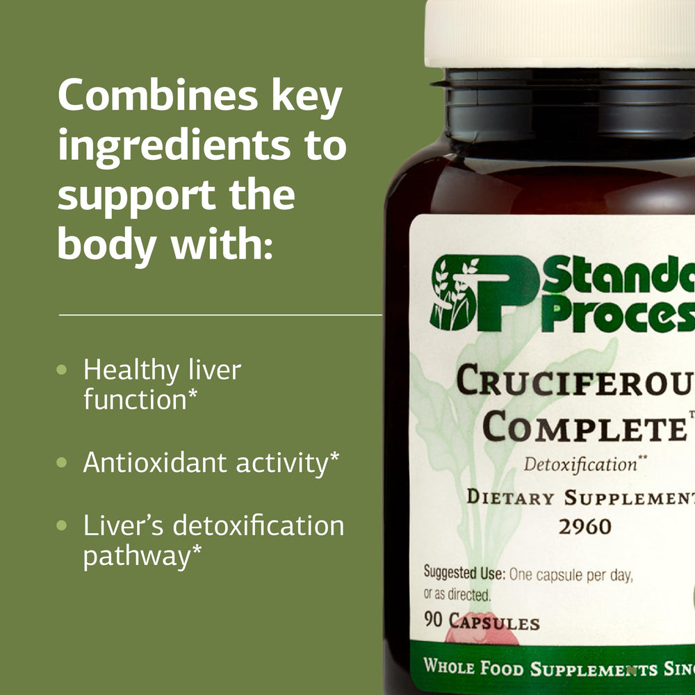 Standard Process Cruciferous Complete label closeup with product details and ingredients.