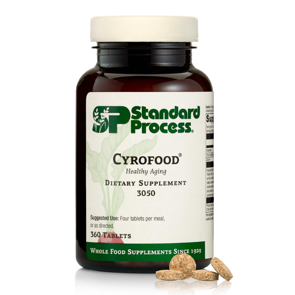 Standard Process Cyrofood bottle close-up showing convenient whole food nutrition.