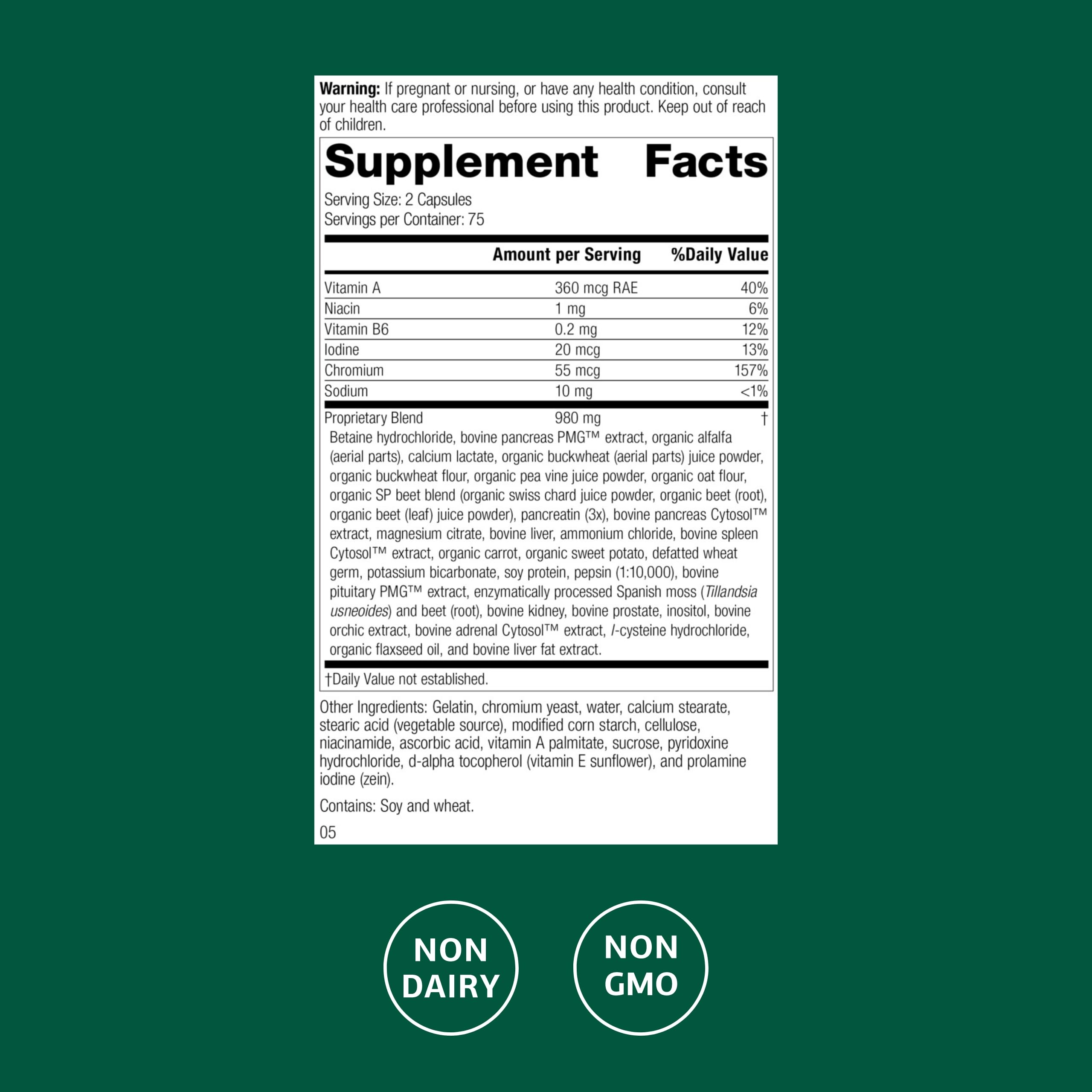 Close-up of Standard Process Diaplex bottle label highlighting chromium and vitamin A.