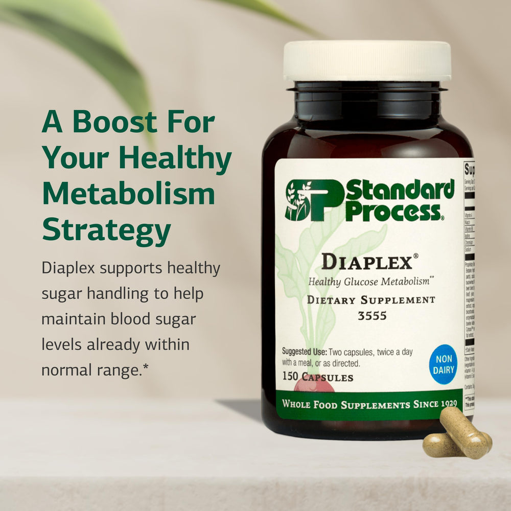 Standard Process Diaplex capsules stacked to illustrate a non-dairy supplement format.