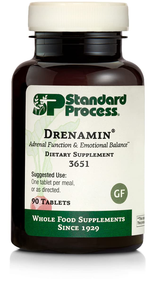 Standard Process Drenamin bottle front aids adrenal support and everyday energy.