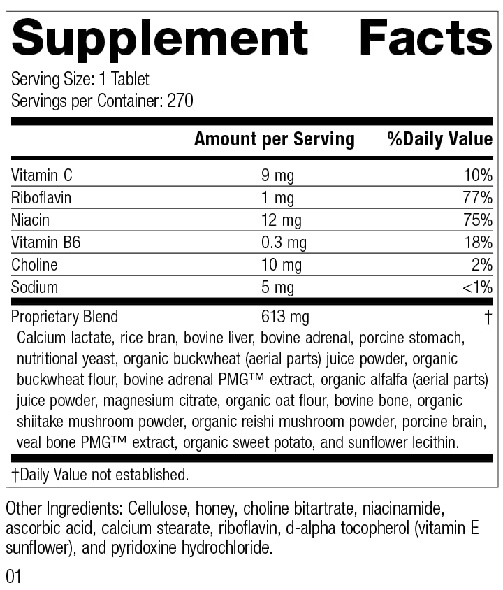 Standard Process Drenamin bottle label close-up highlighting ingredients.