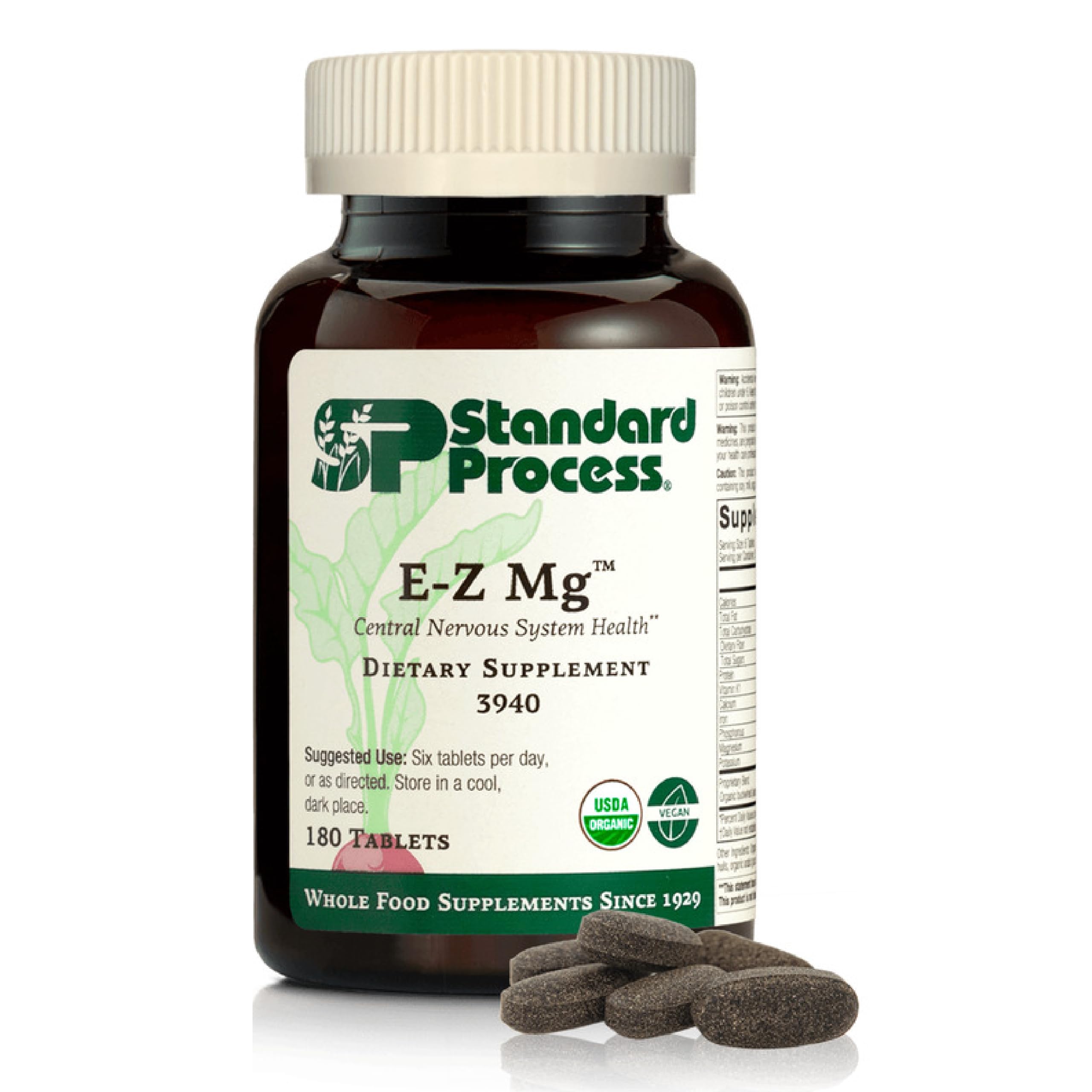 Standard Process E-Z Mg bottle shot highlighting vegan organic formula for nervous system support.