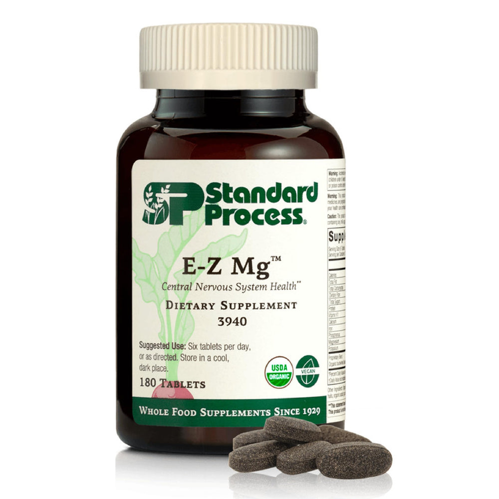 Standard Process E-Z Mg bottle shot highlighting vegan organic formula for nervous system support.