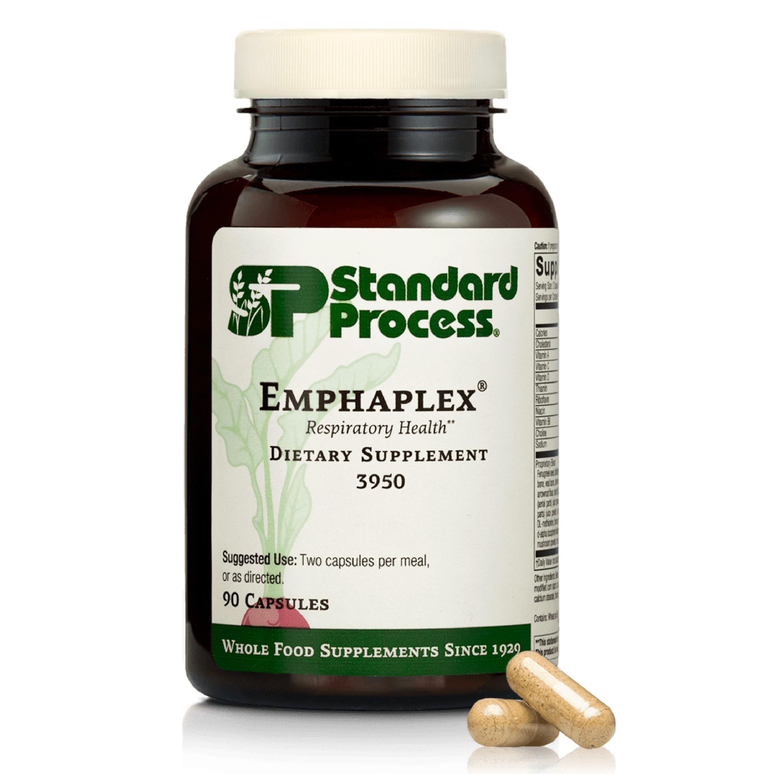 Standard Process Emphaplex bottle front shows dosage and respiratory support hints