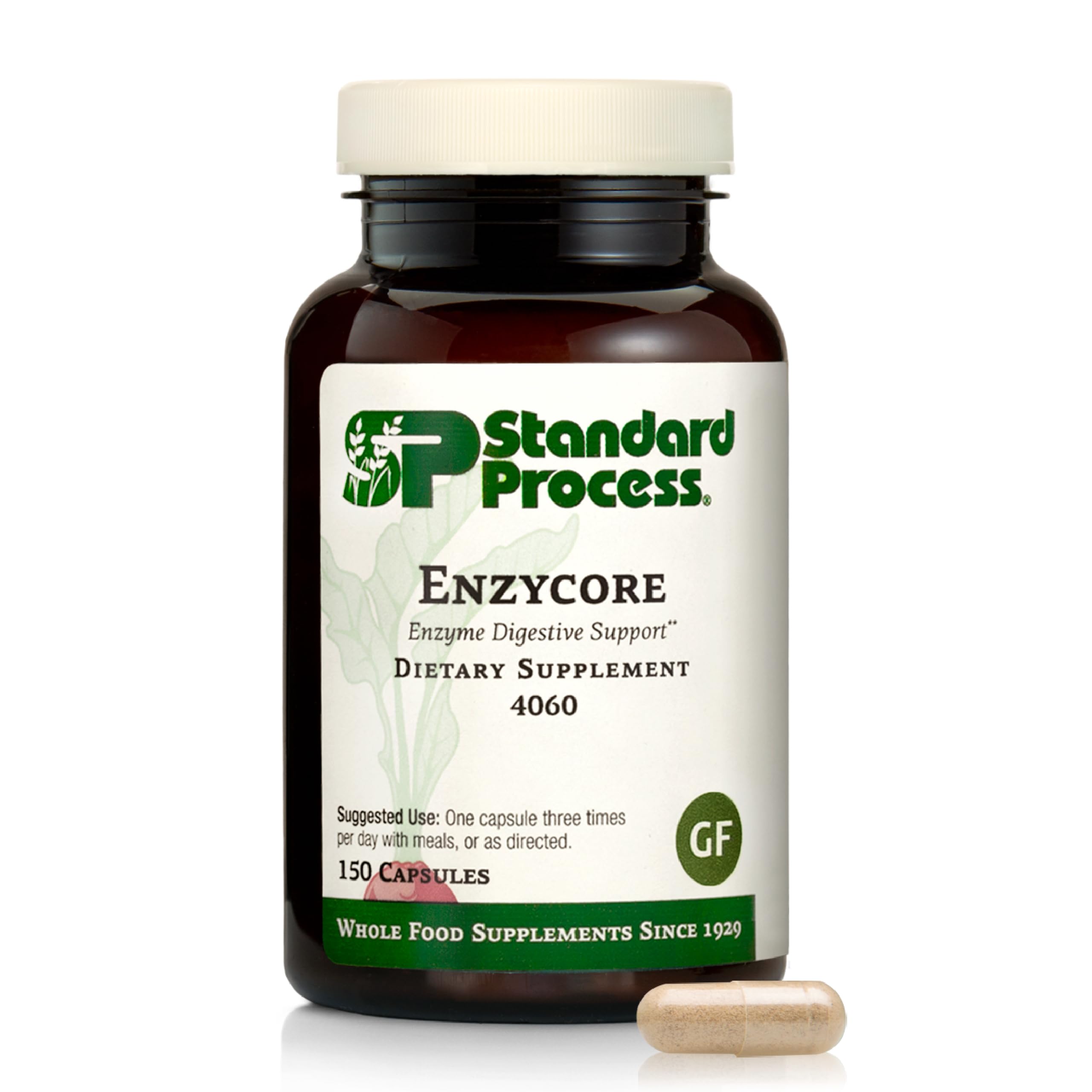 Standard Process Enzycore bottle closeup showing broad pH enzyme support.