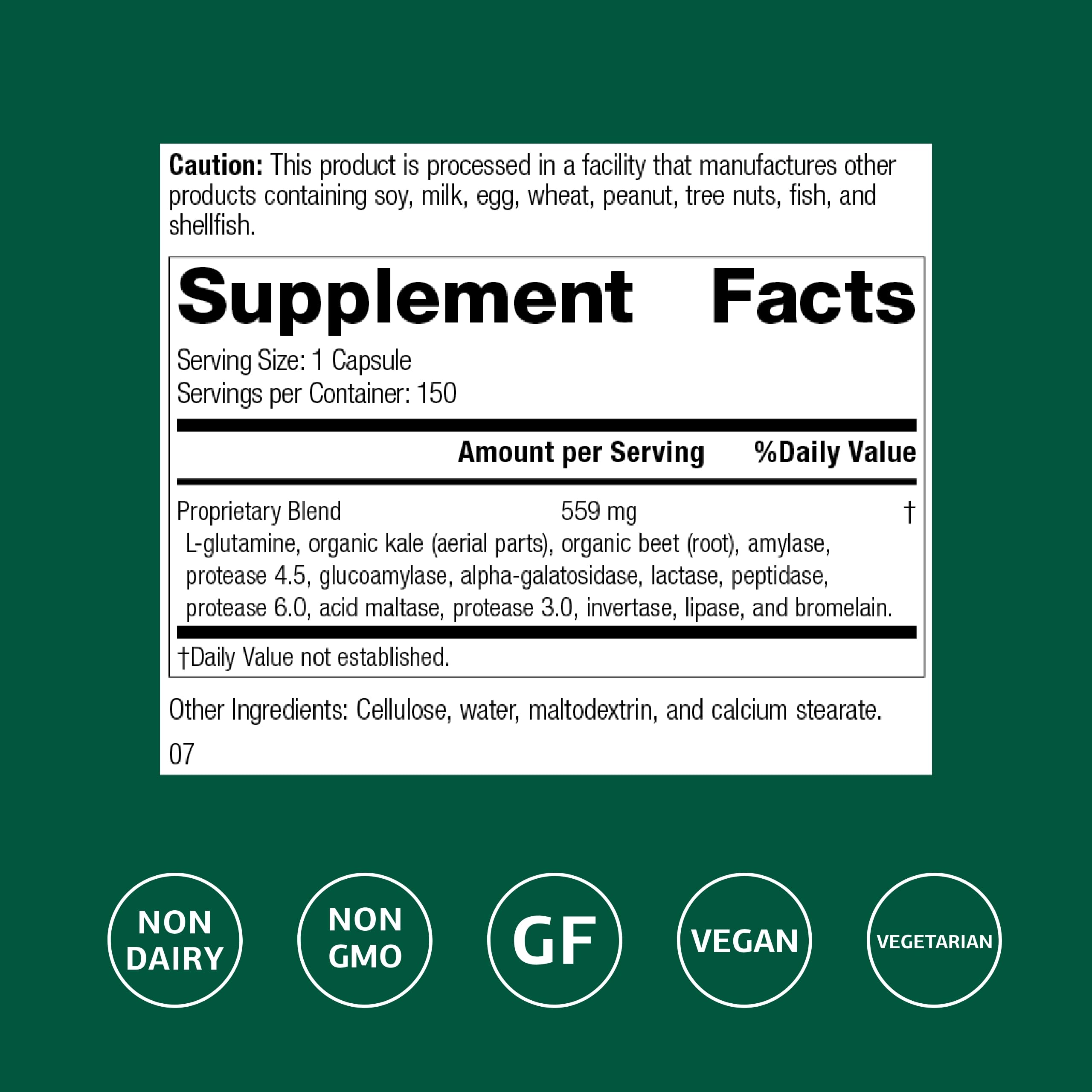 Standard Process Enzycore capsules closeup highlighting enzyme blend for fats, proteins, and carbs.