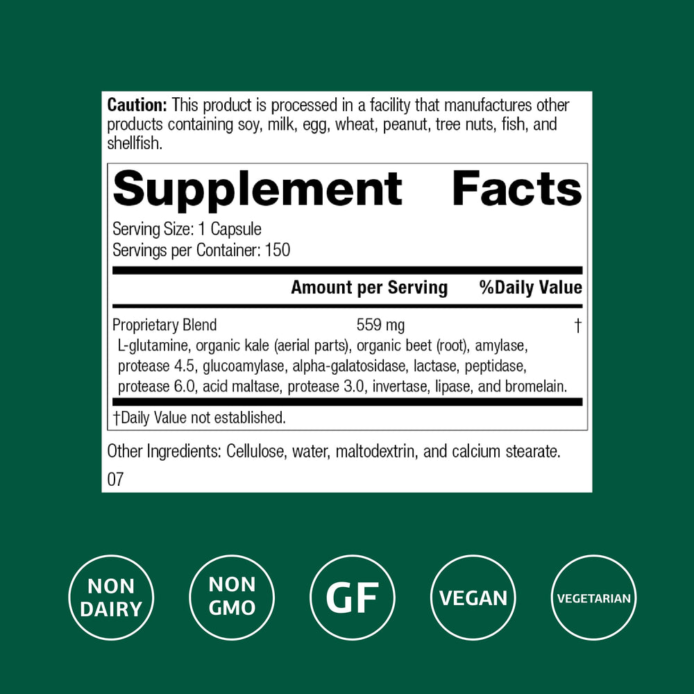 Standard Process Enzycore capsules closeup highlighting enzyme blend for fats, proteins, and carbs.