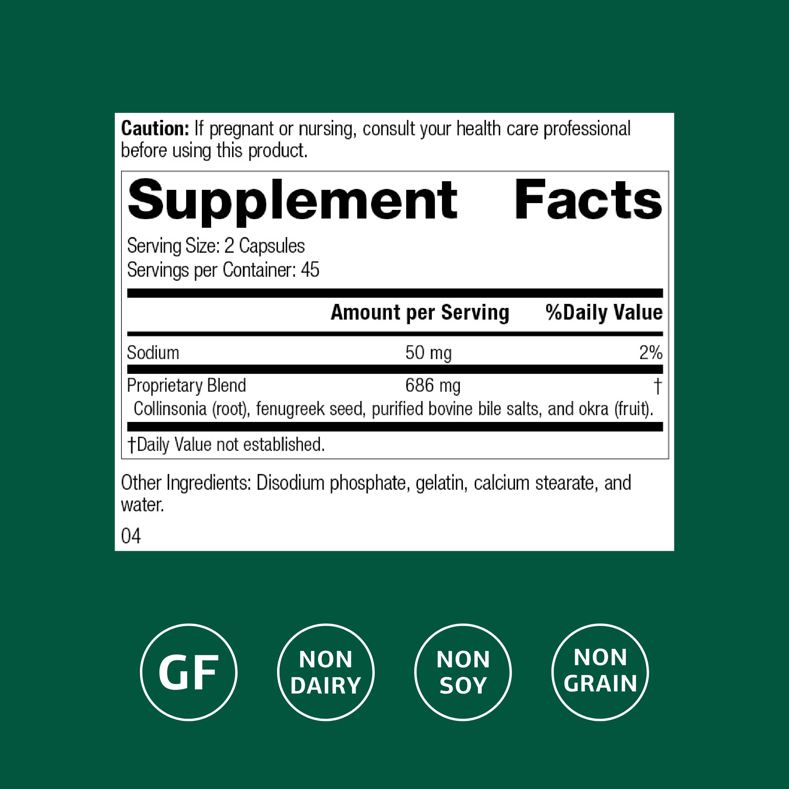 Fen-Cho capsules close-up in bottle, suitable for daily digestive routines.