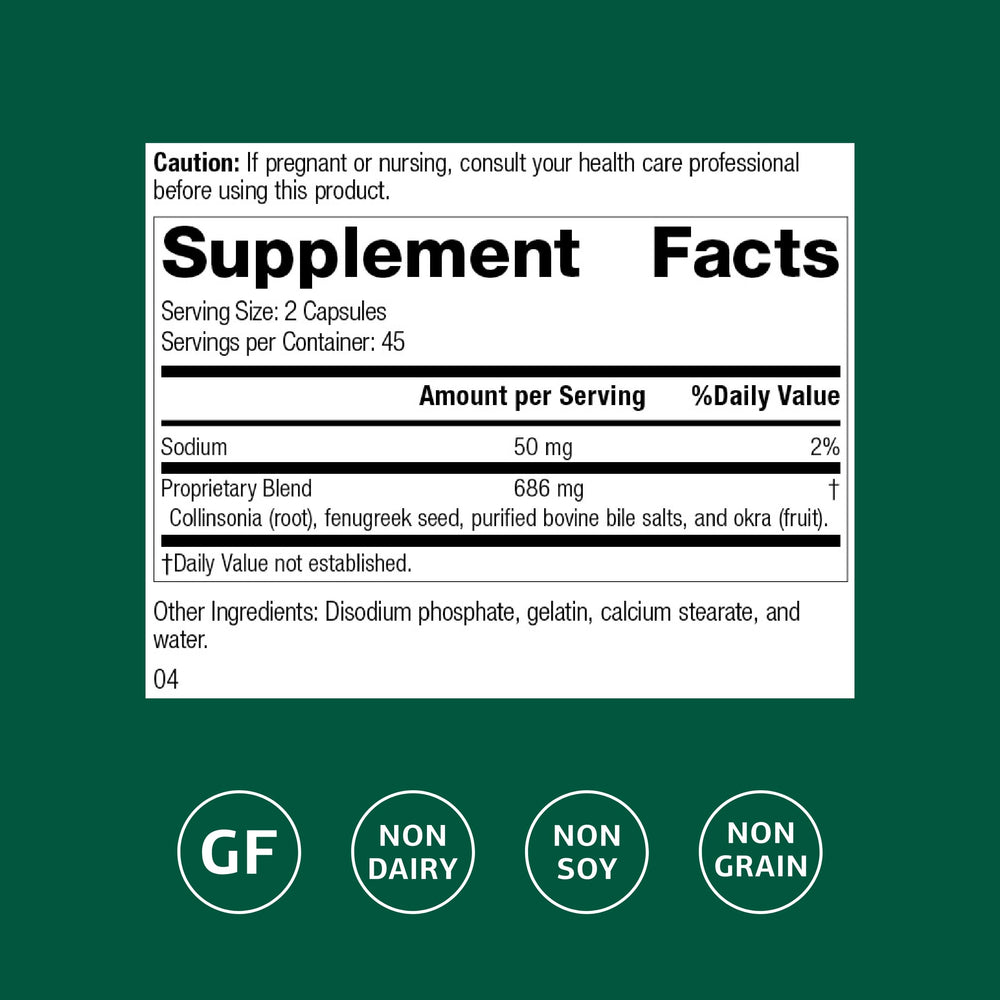 Fen-Cho capsules close-up in bottle, suitable for daily digestive routines.