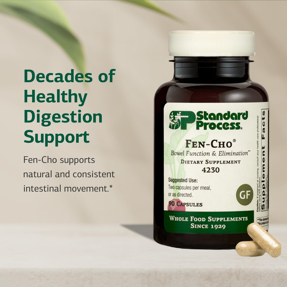 Fen-Cho label close-up highlighting gluten-free status and whole-food formulation.