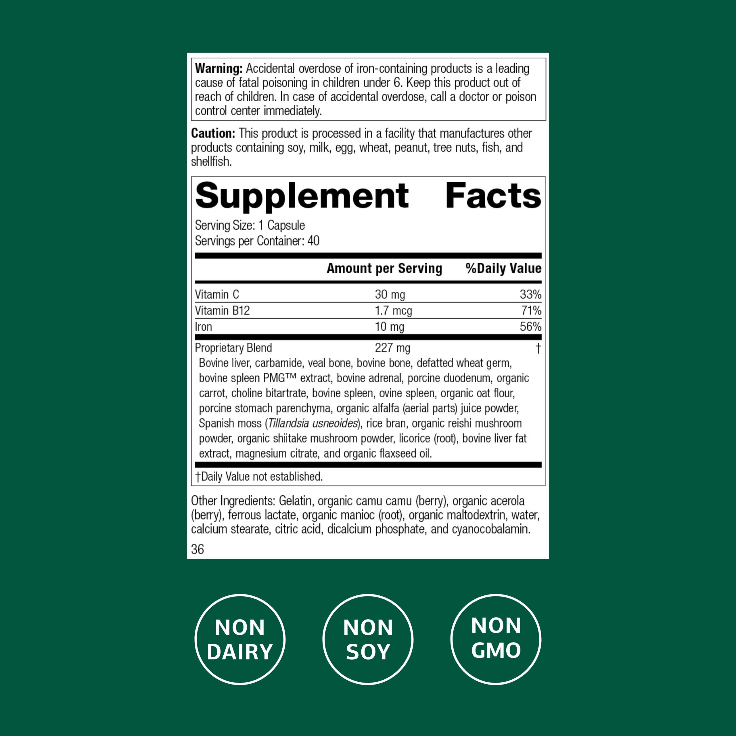 Ferrofood bottle label highlights iron, vitamin C, and B12 for absorption.
