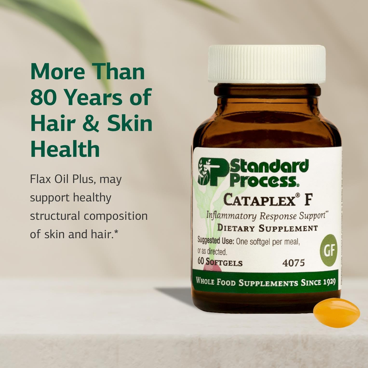 Label detail of Standard Process Flax Oil Plus highlighting gluten-free and non-dairy