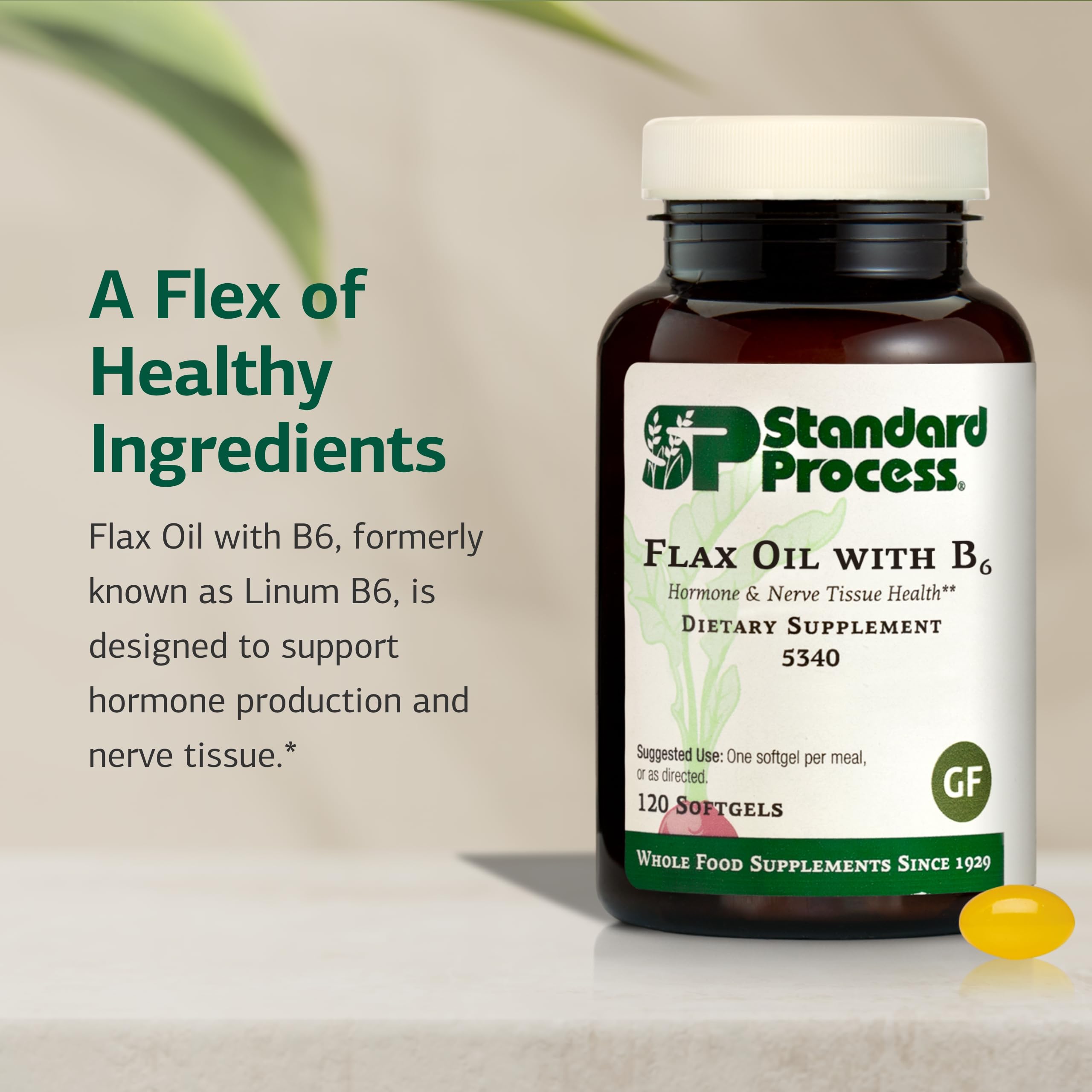 Standard Process Flax Oil with B6 softgels shows capsule form for heart and skin wellness.