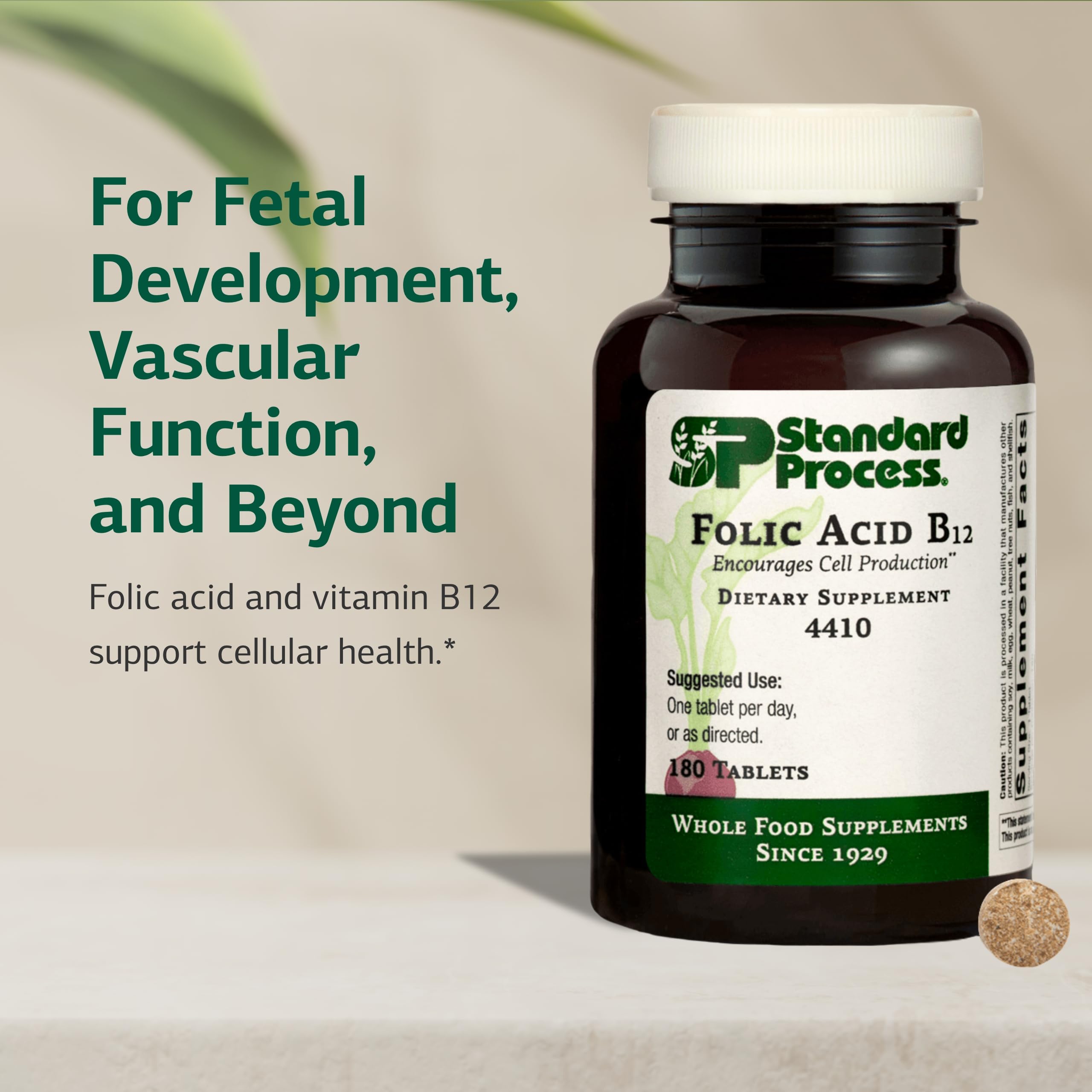 Standard Process Folic Acid B12-180 label with ingredient highlights for daily nutrition.