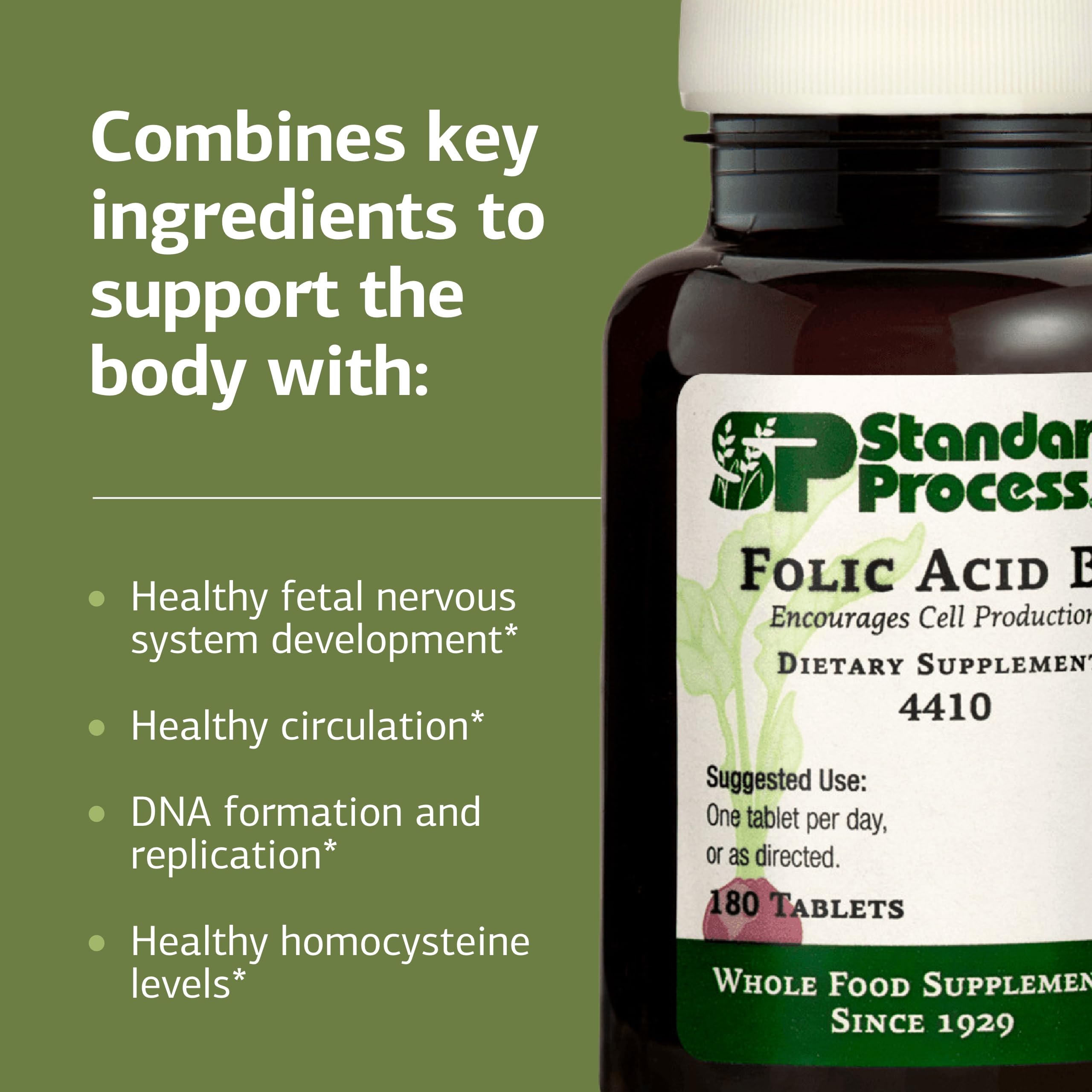 Pouring Standard Process Folic Acid B12-180 tablets for simple daily intake.