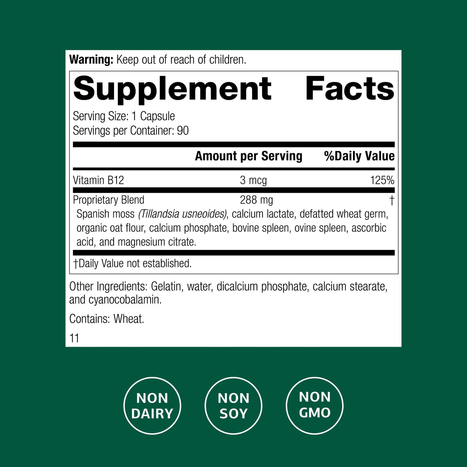 Standard Process For-Til B12 bottle label close-up shows non-dairy formulation.