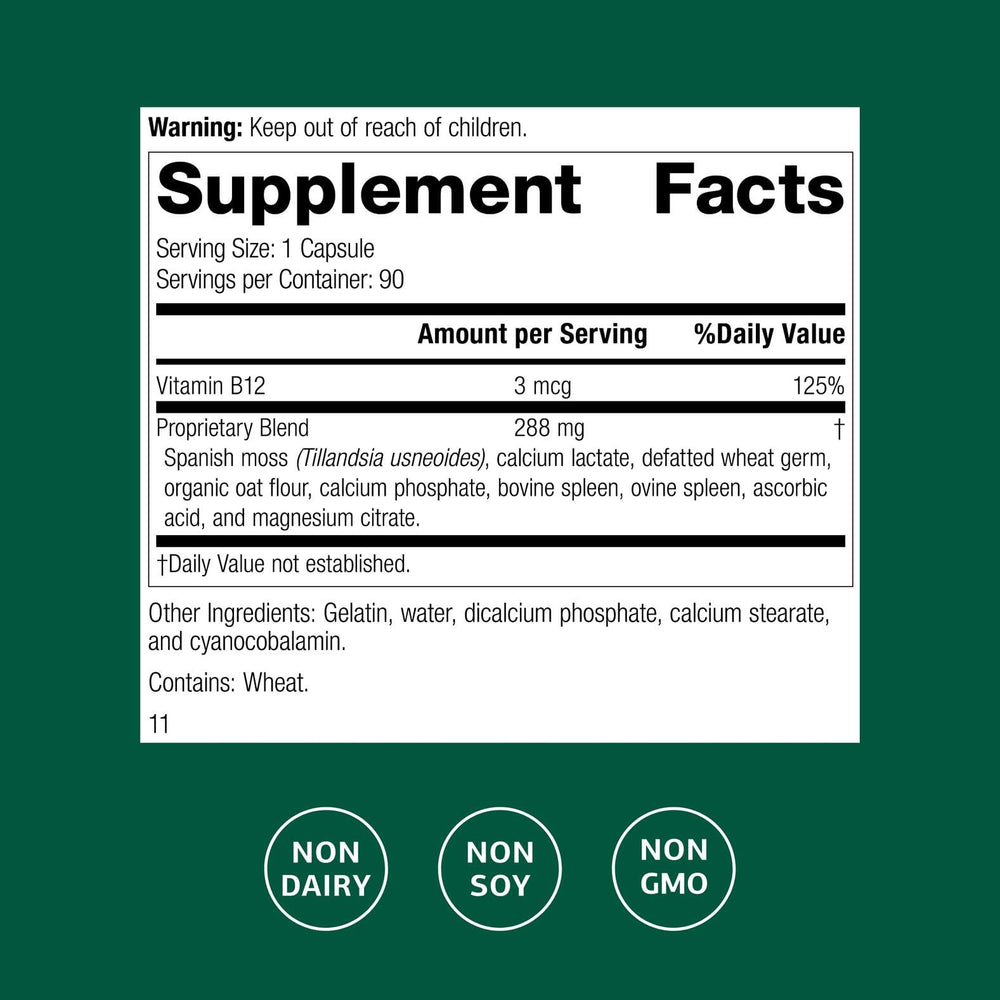 Standard Process For-Til B12 bottle label close-up shows non-dairy formulation.