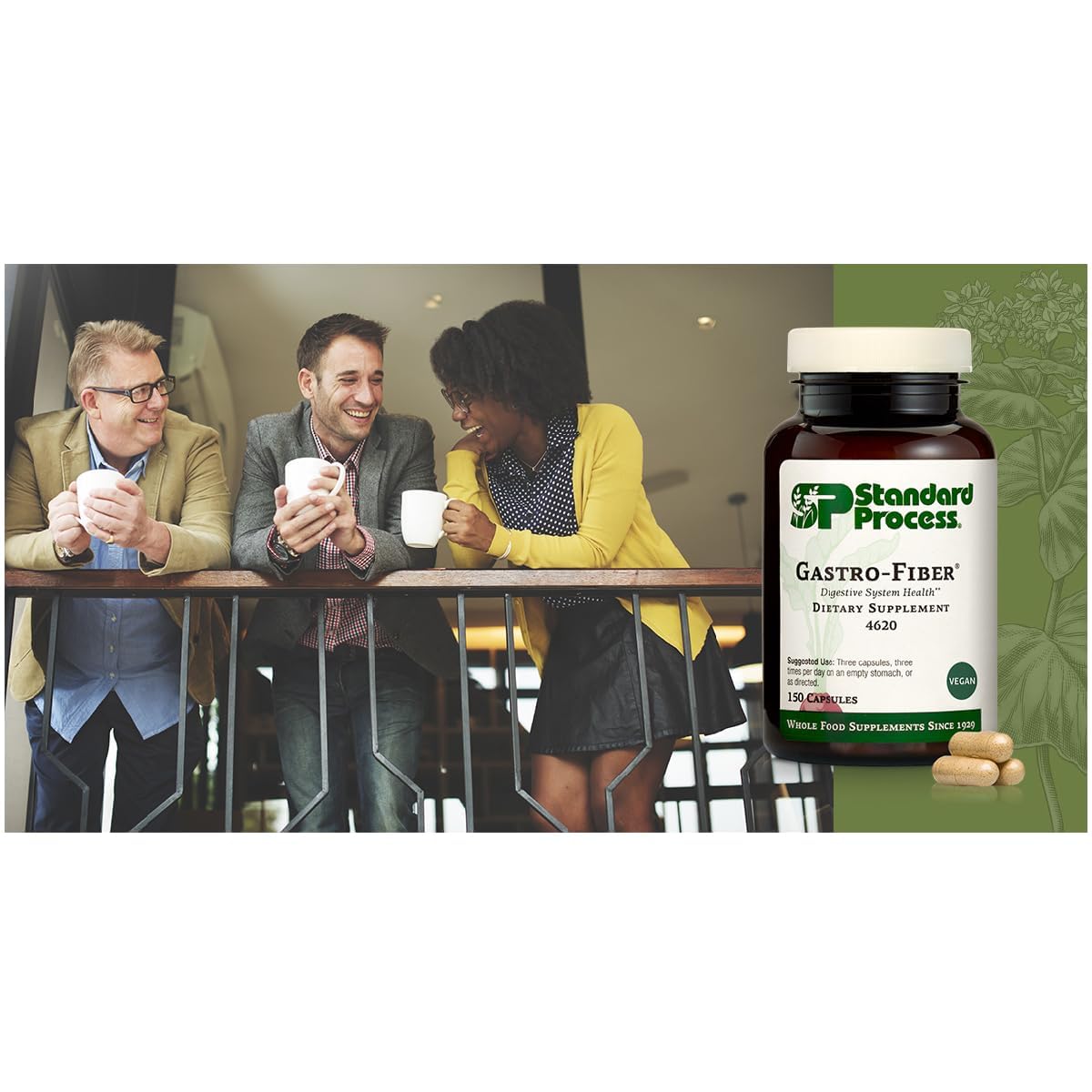 Gastro-Fiber dosage guide displaying three capsules three times daily.