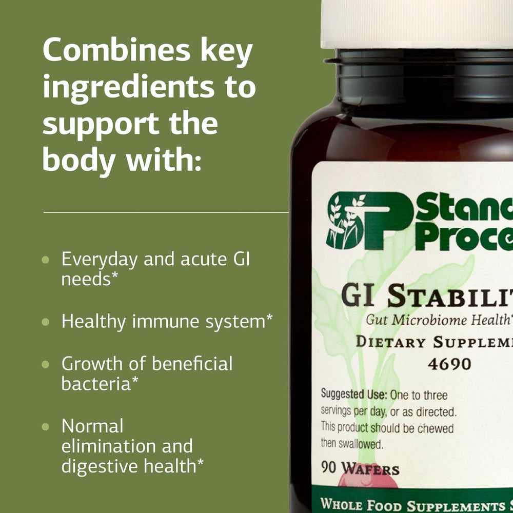 Standard Process GI Stability wafers closeup emphasizing the serving size for ongoing gut health.