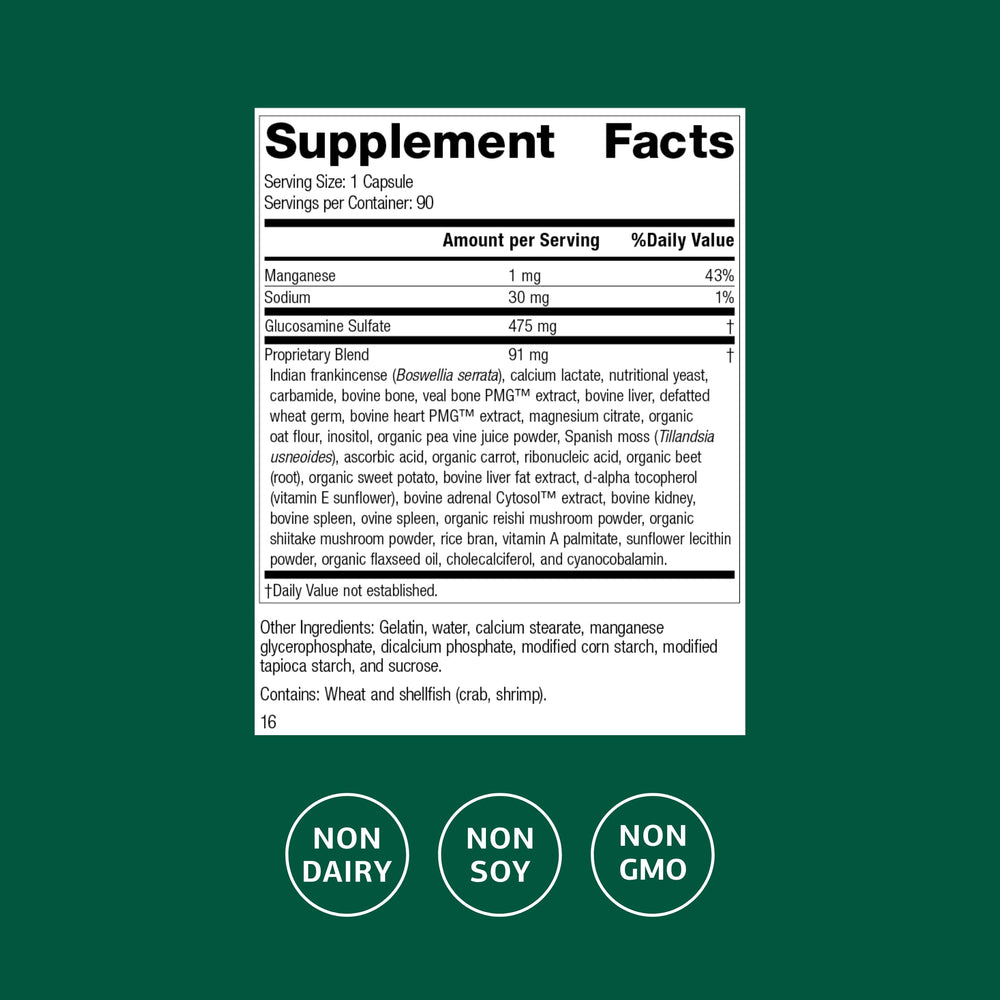 Standard Process Glucosamine Synergy bottle side view with dosage details.