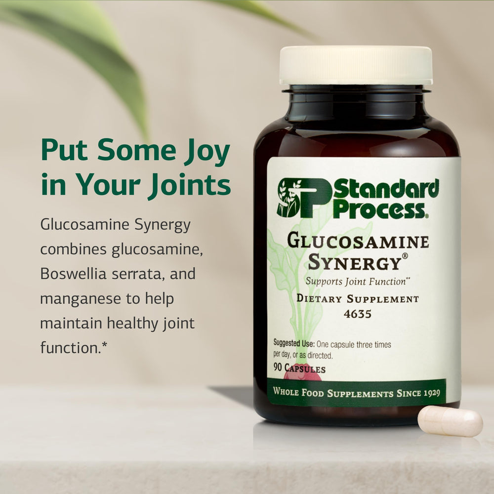 Close-up of Standard Process Glucosamine Synergy capsules for daily use.