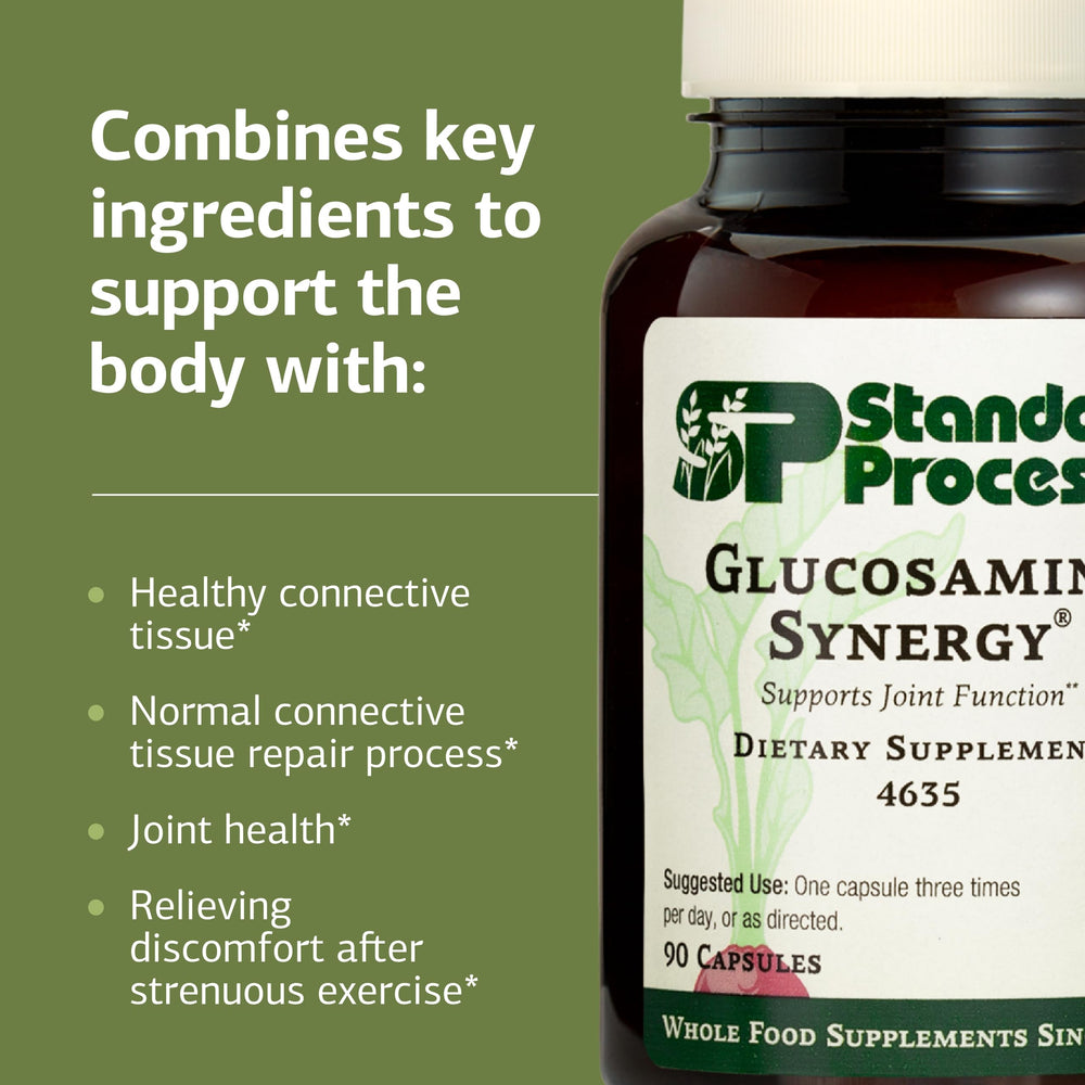 Label close-up of Standard Process Glucosamine Synergy highlighting ingredients.