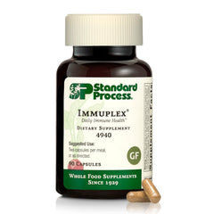 Standard Process Immuplex bottle closeup highlighting immune-support minerals for daily wellness.