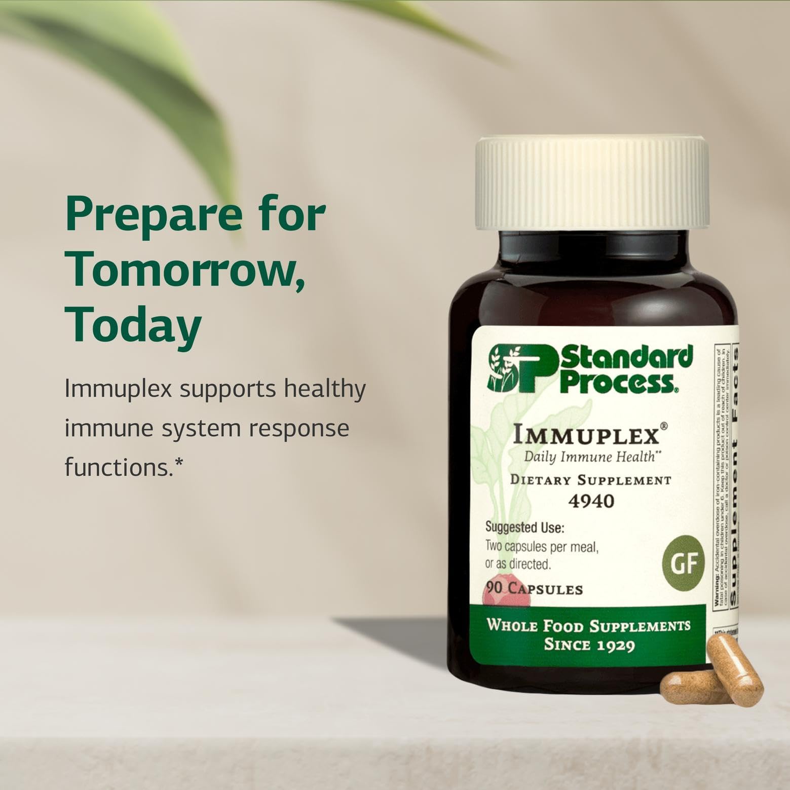 Standard Process Immuplex label detail shows zinc, folate, and vitamins for daily support.