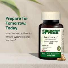 Standard Process Immuplex label detail shows zinc, folate, and vitamins for daily support.