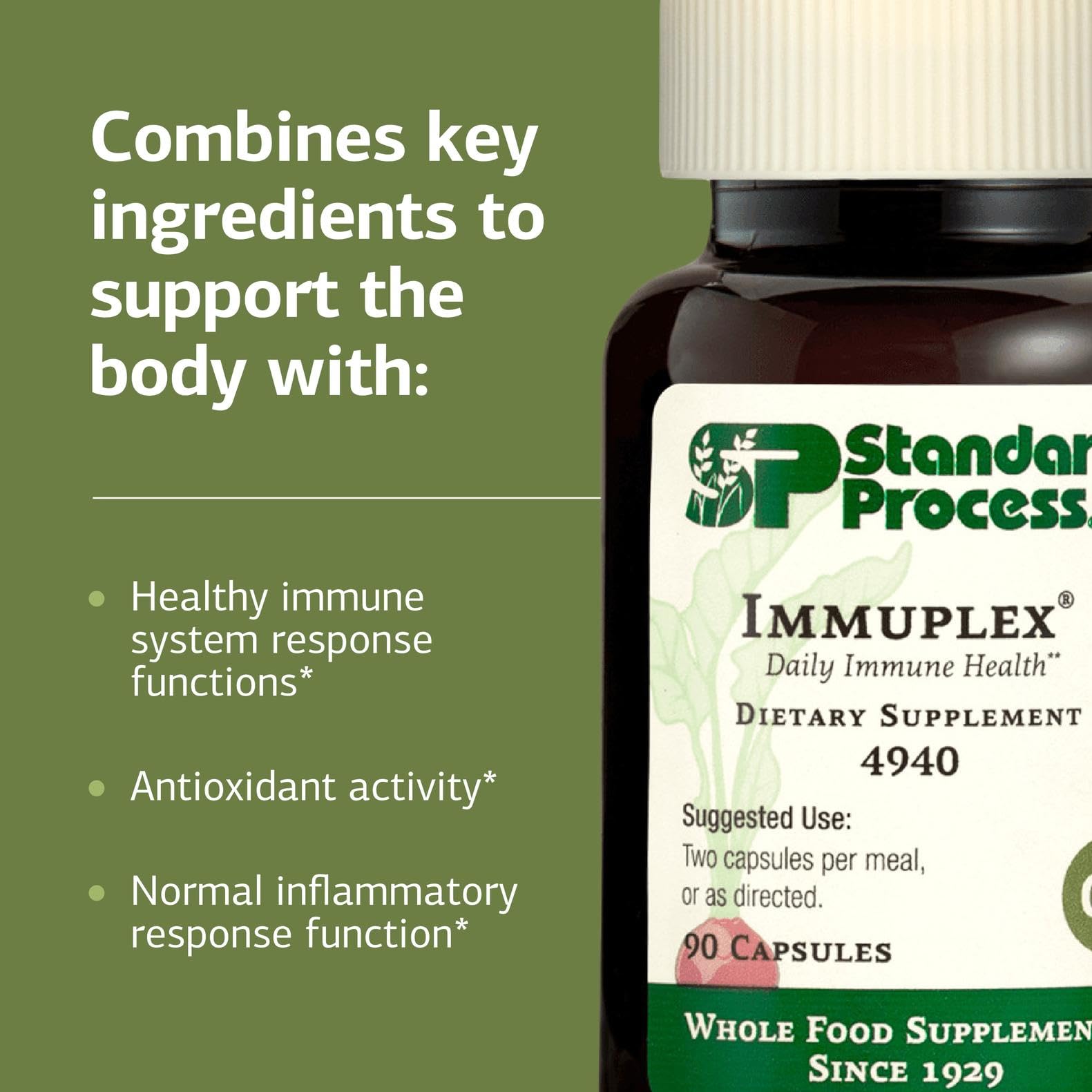 Standard Process Immuplex packaging front highlights gluten-free, dairy-free, and soy-free claims.