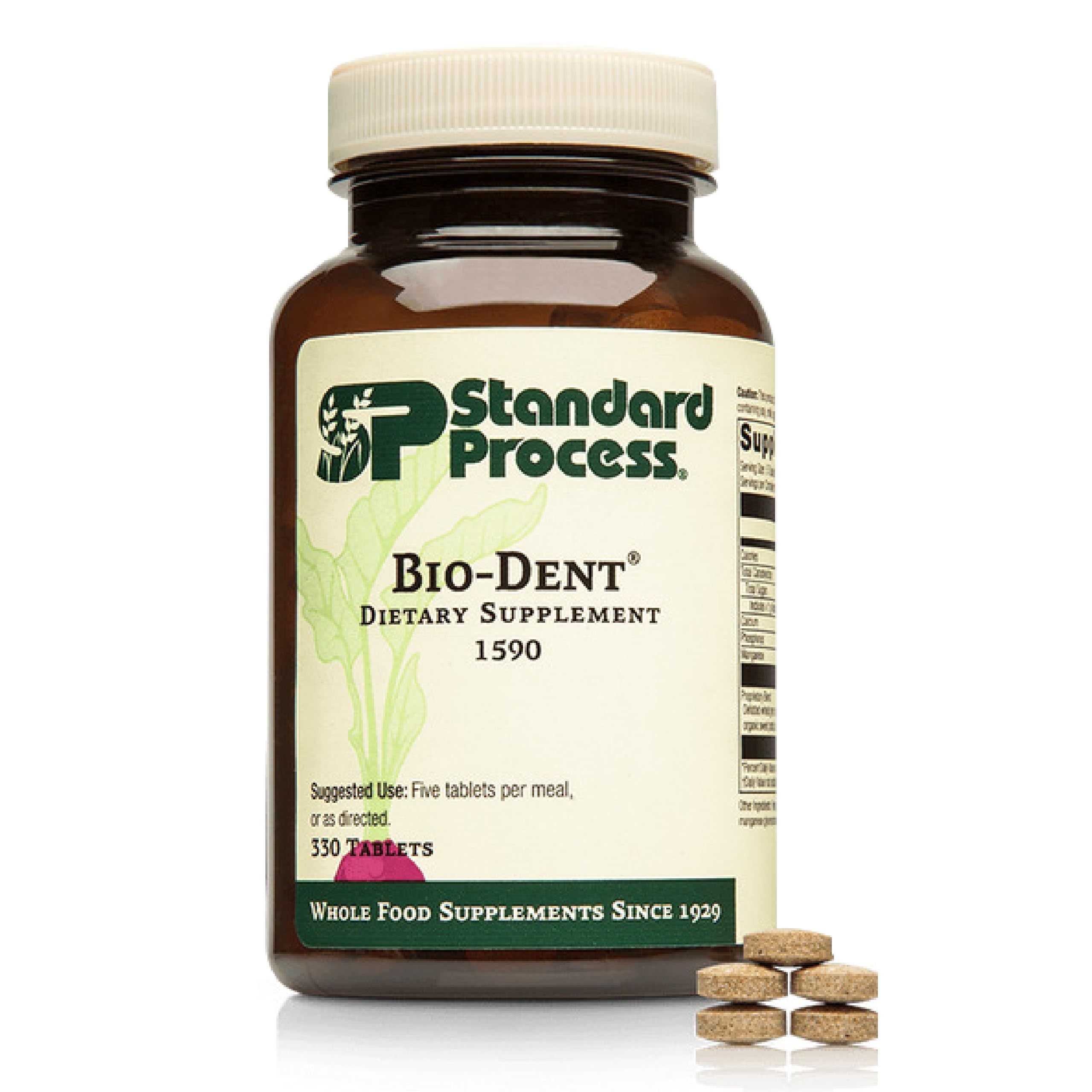 Standard Process Bio-Dent bottle front shows a whole-food mineral support for bones and skin.