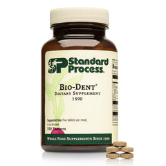 Standard Process Bio-Dent bottle front shows a whole-food mineral support for bones and skin.