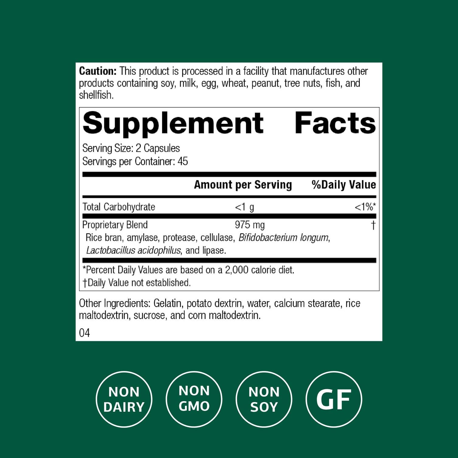 Lact-ENZ bottle back label shows ingredients and directions for use.