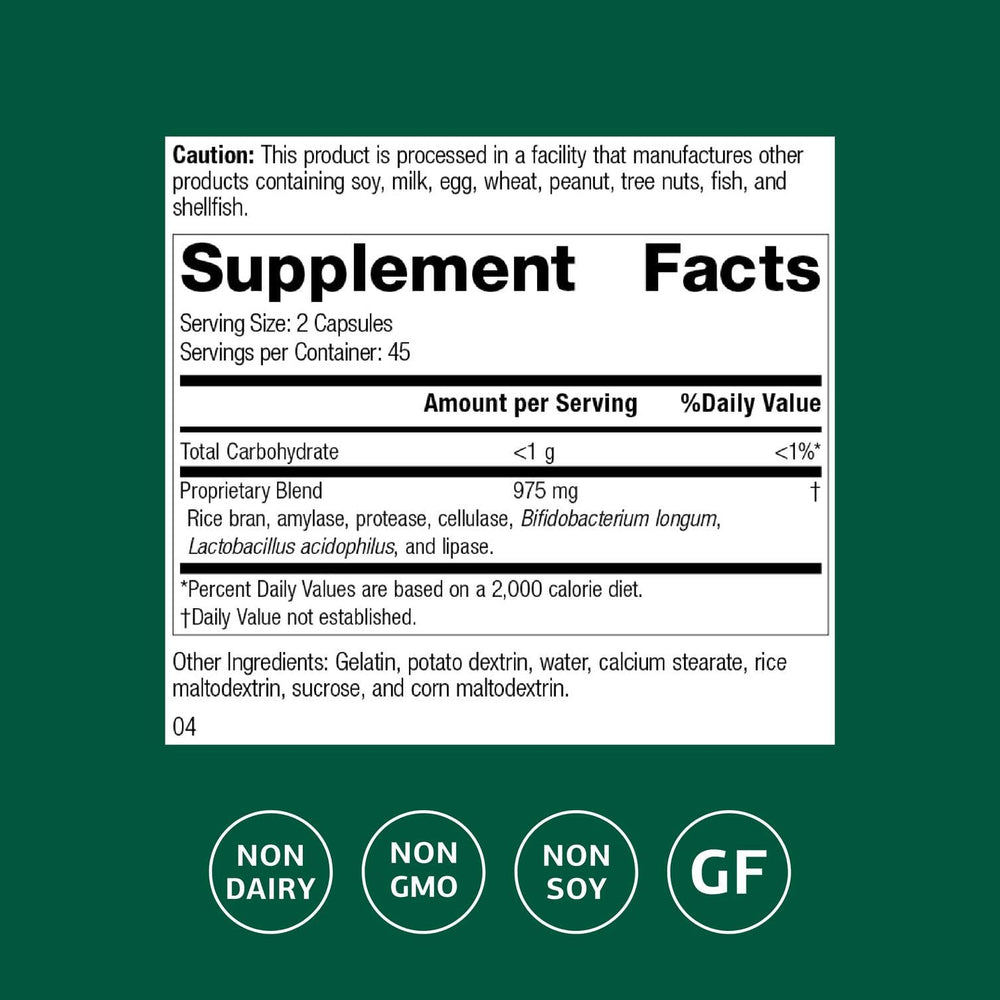 Lact-ENZ bottle back label shows ingredients and directions for use.
