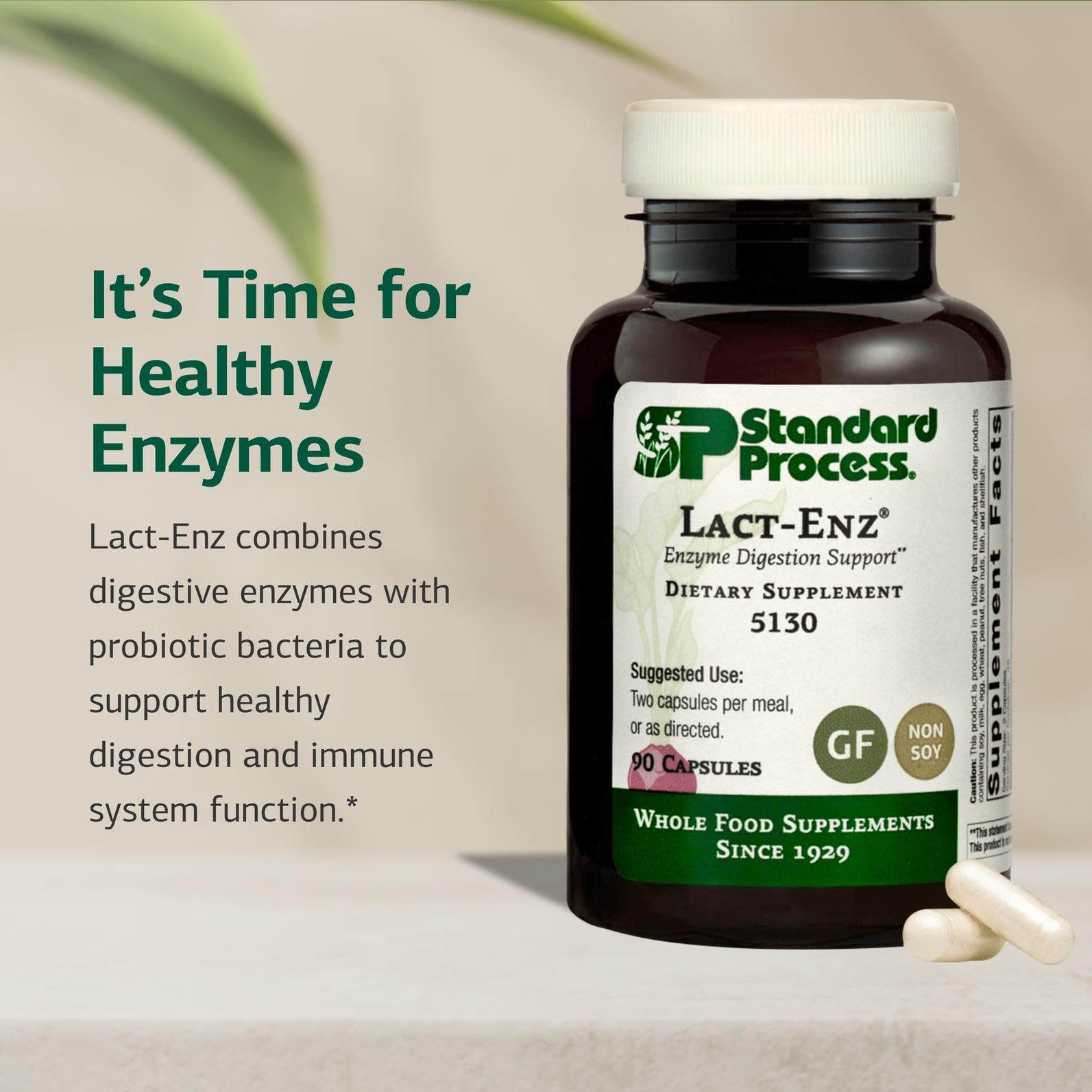 Lact-ENZ capsules closeup highlights easy-to-swallow form for meals.