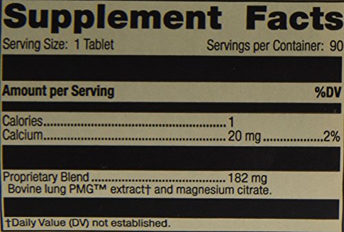 Label detail of Pneumotrophin PMG 90 Tabs highlighting nucleoprotein-mineral extracts.