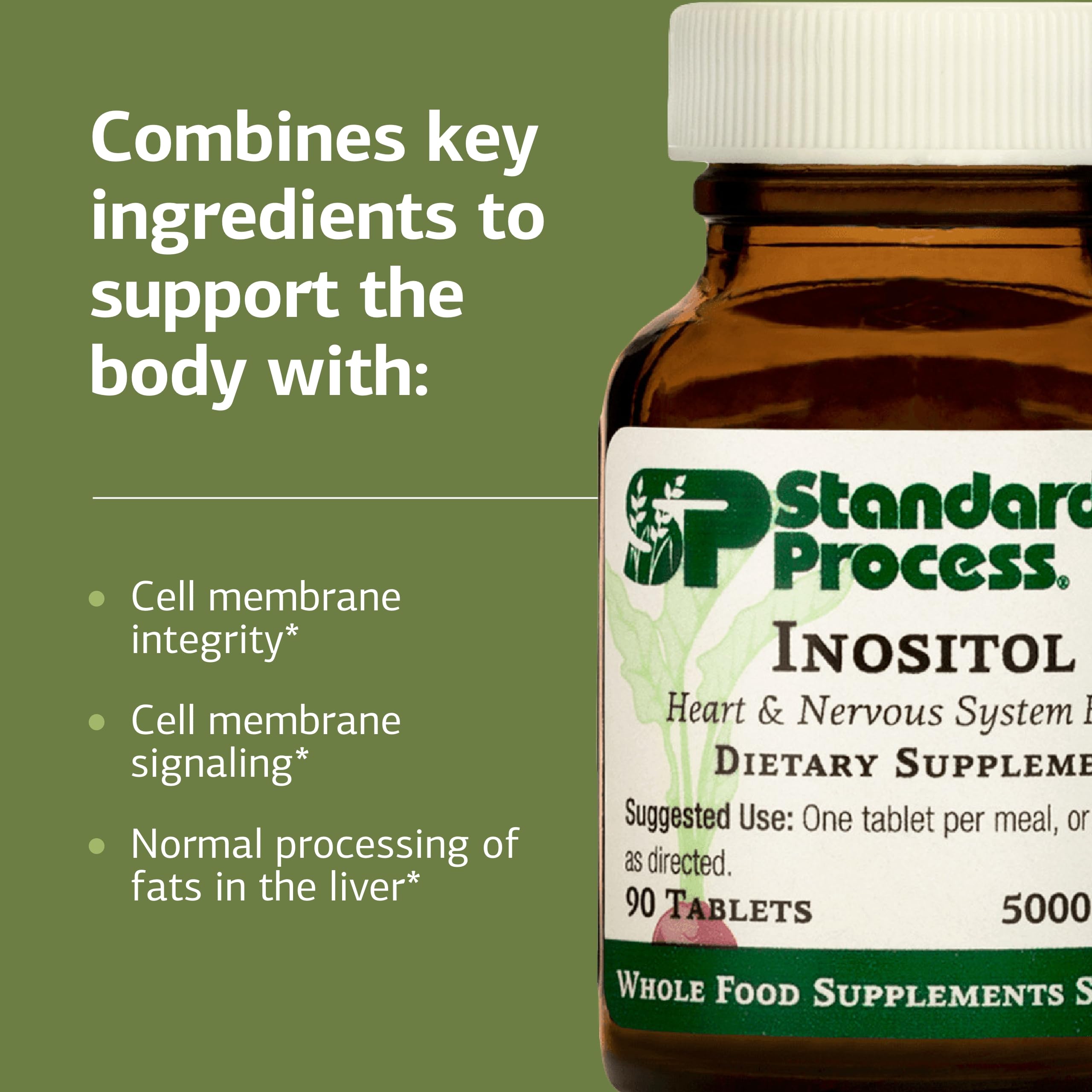 Standard Process Inositol bottle side view showing branding and packaging.