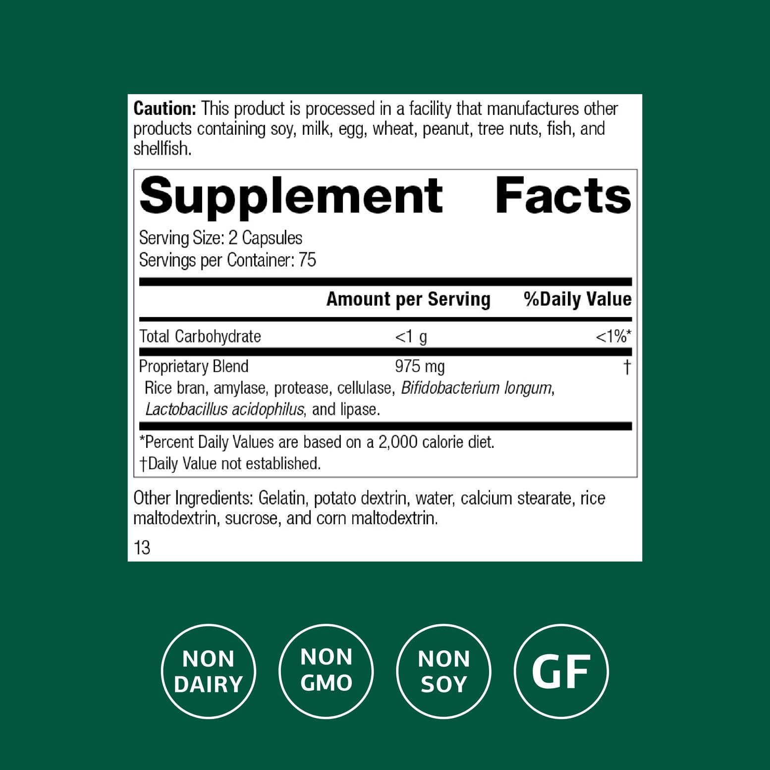 Close-up of Lact-Enz capsules highlighting gluten-free and non-dairy benefits.