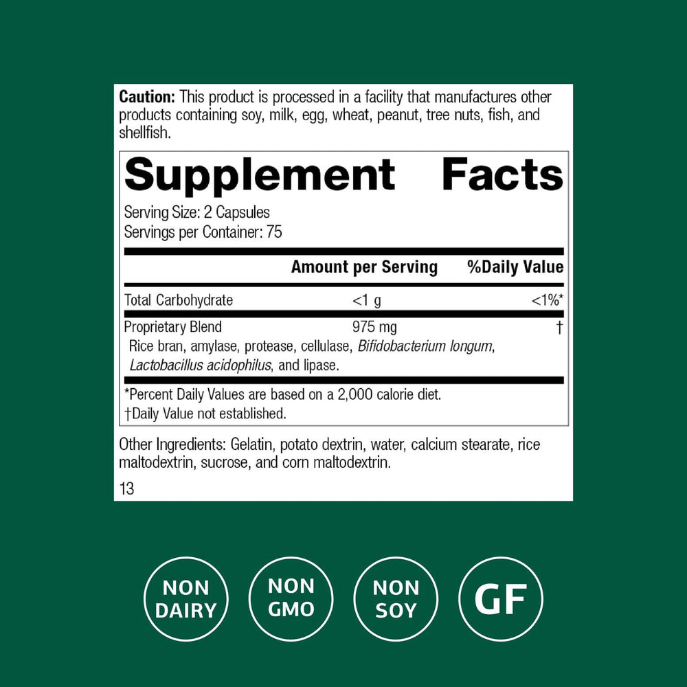 Close-up of Lact-Enz capsules highlighting gluten-free and non-dairy benefits.