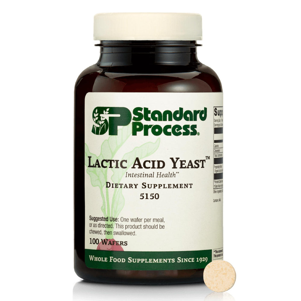 Standard Process Lactic Acid Yeast bottle front with vegan gut-supporting formula.