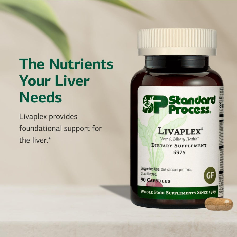 Livaplex capsules close-up suggests daily bowel function support.
