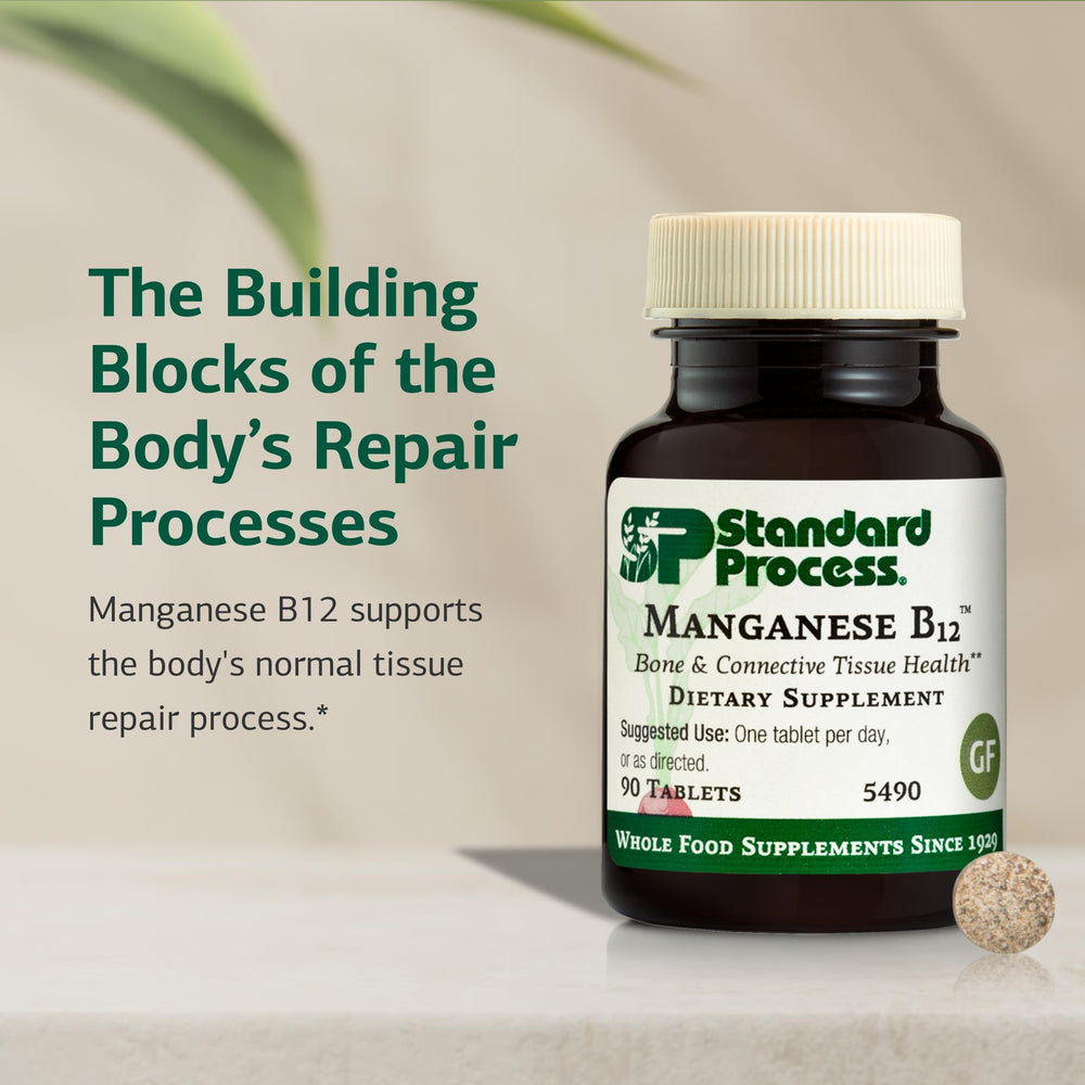 Standard Process Manganese B12 bottle spine; gluten-free and allergen-friendly.