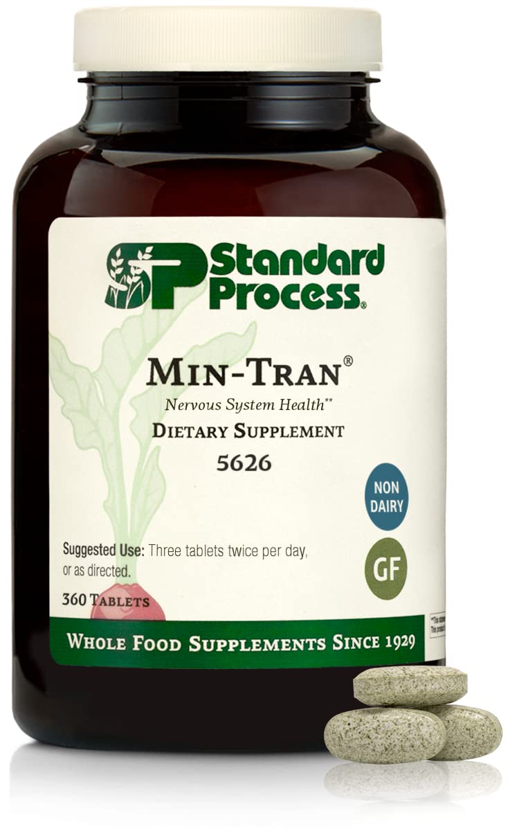 Standard Process Min-Tran bottle label shows nervous system support with magnesium.
