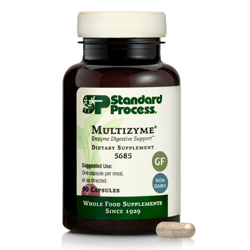 Standard Process Multizyme bottle front, clear label, convenient capsule form for digestive support