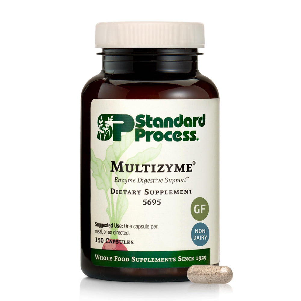 Standard Process Multizyme bottle on desk illustrating digestive support option